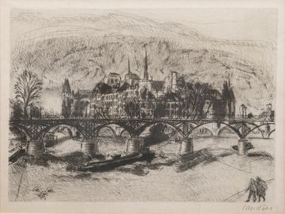 dessin représentant un pont enjambant une rivière, avec un château en arrière-plan