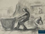 a drawing of a man pushing a cart with a hat on it