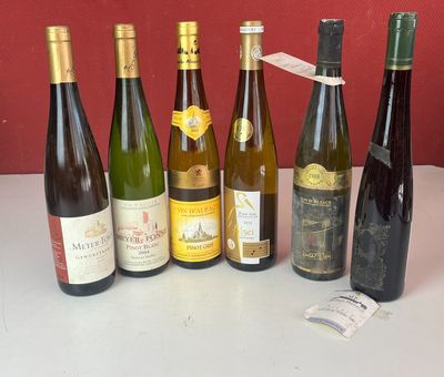 Des bouteilles de vin sont alignées sur un comptoir devant un mur rouge.