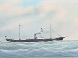 un tableau représentant un bateau sur l'eau d'où s'échappe beaucoup de fumée