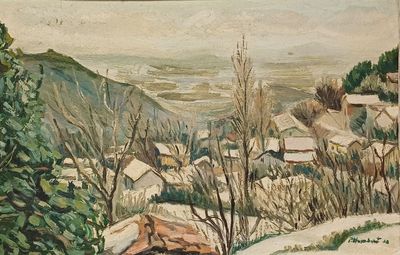 un tableau représentant un petit village de montagne