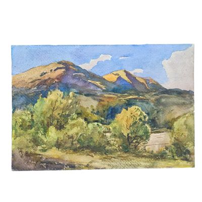 aquarelle représentant un paysage avec des montagnes et des arbres