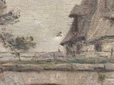 painting of a stone bridge over a river with a building in the background