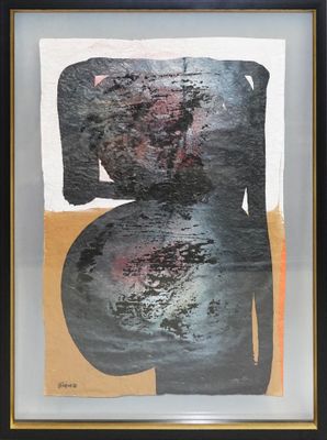 an abstract painting of a woman ' s torso in a black frame