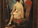 an image of a painting of a nude woman sitting on a red chair
