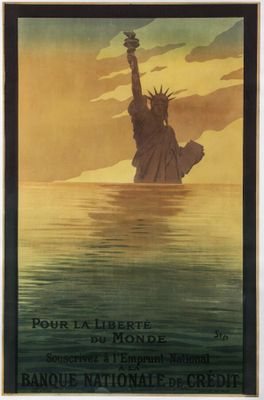 a poster of a statue of liberty floating in the water