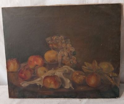 tableau représentant une nature morte composée de pommes et de raisins posés sur une table