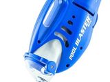 a close up of a blue and white vacuum cleaner on a white background