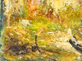 a painting of a dog that is laying down in the grass