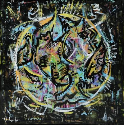 tableau représentant une peinture abstraite d'un cercle sur lequel sont inscrits des mots