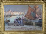 a painting of a group of people on the beach