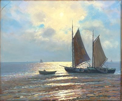 an oil painting of a sailboat on the water with a boat in the background