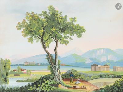 un tableau représentant un paysage avec un arbre et un lac