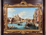 une peinture à l'huile représentant une vue de Venise avec une gondole et des bateaux