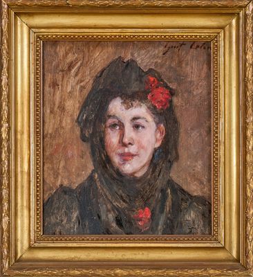 Gustave COLIN (1828-1910) Femme en mantille et rose rouge