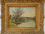 peinture à l'huile d'une scène de rivière avec des bateaux sur l'eau