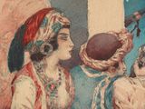 a painting of two women holding a football in one hand and a football in the other