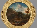 une image représentant un tableau représentant un paysage avec une rivière et des montagnes