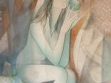 un tableau représentant une femme assise sur un lit, une pomme à la main