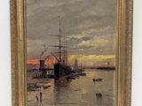 une peinture à l'huile représentant un bateau dans un port au coucher du soleil