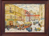 tableau représentant une scène de rue en ville avec un bus et une calèche