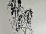 a drawing of a man riding a horse with a flag