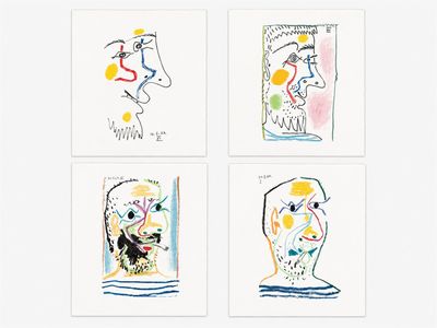quatre dessins de couleurs différentes représentant le visage d'un homme et celui d'une femme