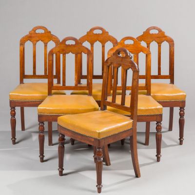 set of six edwardian style mahogany dining chairs with leather upholstered seats