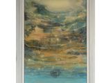 une peinture représentant un ciel avec des nuages et un bateau sur l'eau
