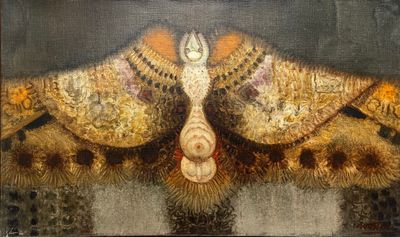 une peinture à l'huile représentant le torse d'une femme avec un oiseau posé sur son dos
