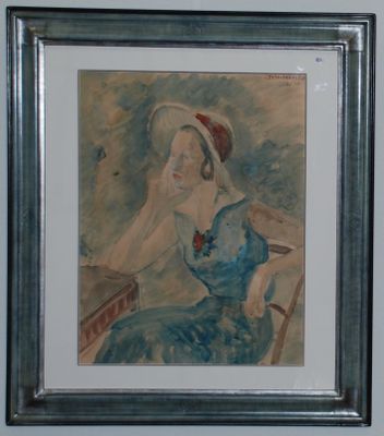 painting of a woman in a blue dress and hat sitting in a chair