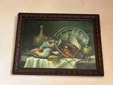 une photo d'un tableau représentant une nature morte avec des oiseaux et des fruits