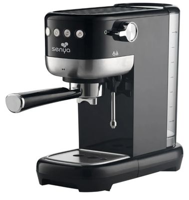 un gros plan d'une machine à café noire sur fond blanc