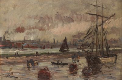 tableau représentant une scène de port avec des bateaux sur l'eau et une ville au loin