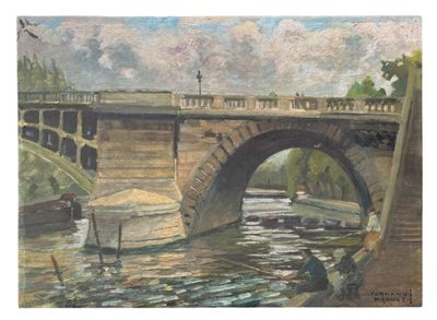 a painting of a bridge over a body of water