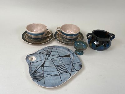 three cups and saucers sitting on a table