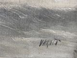 an oil painting of a man riding a wave on a surfboard