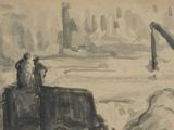 a drawing of a man riding a horse in the snow