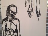 un dessin représentant un homme debout à côté d'un tableau représentant une femme