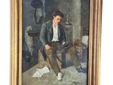 tableau représentant un homme en costume assis sur une chaise dans une pièce
