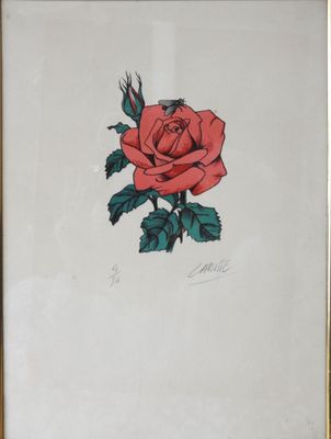 an image of a drawing of a red rose with green leaves