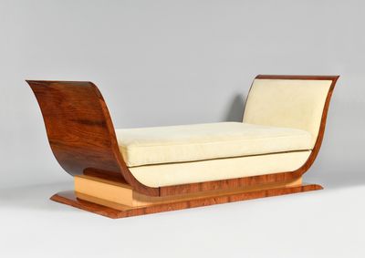 Banquette Art Déco en Palissandre et Alcantara Crème