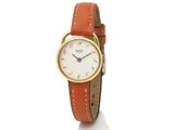 a close up of a wrist watch with an orange strap
