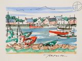 un dessin représentant des bateaux dans un port, avec des maisons en arrière-plan