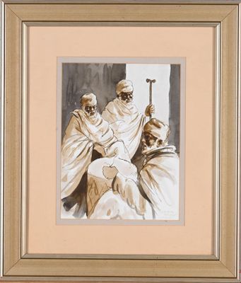 painting of a group of men sitting around each other in a room