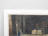 a picture of a painting of a man in a barn