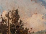 une peinture à l'huile représentant une personne à cheval sur un chemin de terre