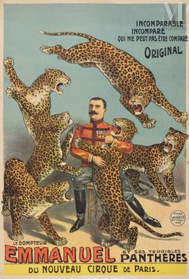 an old french poster advertising a circus show with a man surrounded by leopards