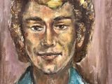 painting of a portrait of a man in a blue shirt