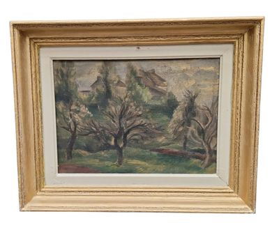 un tableau représentant un paysage avec des arbres et une maison à l'arrière-plan